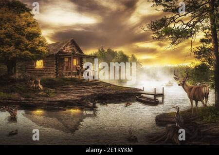 old wooden house by the stream on a summer evening Stock Photo