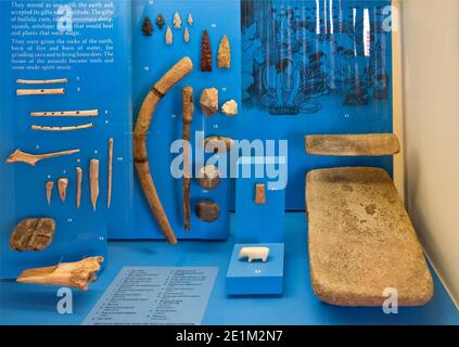 Indian tools, mano, metate, mostly Pueblo IV phase, displayed at Visitor Center at Coronado State Monument in Bernalillo, New Mexico, USA Stock Photo