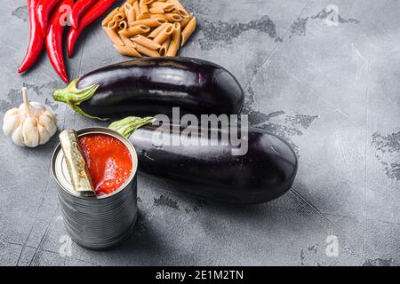 Aubergine penne ingredients eggplant pasta, pepper tomatoe sauce, on grey background side view space for text Stock Photo
