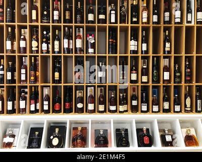 Stockholm. 27th Aug, 2019. File photo taken on Aug. 27, 2019 shows bottles of Cognac liquor in Cognac, France. Credit: Gao Jing/Xinhua/Alamy Live News Stock Photo