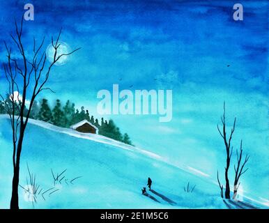 Watercolor Painting, Snow Landscape. Trees, blue sky, snow, moonlight, pine forest, a mountain hut and a silhouette of a woman and dog. Stock Photo