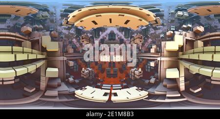 360 degree panoramic view of 360 degree labyrinth, abstract maze background, equirectangular projection, environment map. HDRI spherical panorama. 3d illustration