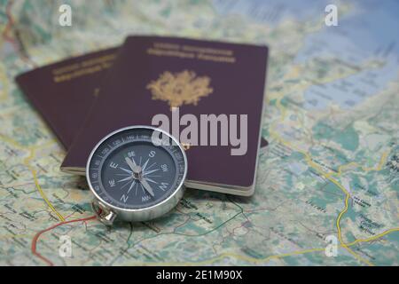 compass isolated on a travel map - Travel concept Stock Photo