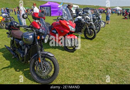 A row of Parked Motorbikes including makes from Triumph, Honda and Harley Davidson on the grass at Victoria Park in Arbroath. Stock Photo