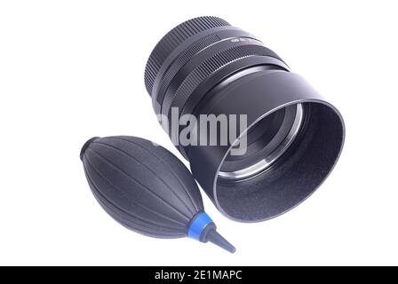 Air blower with camera lens Isolated on a white background. Stock Photo