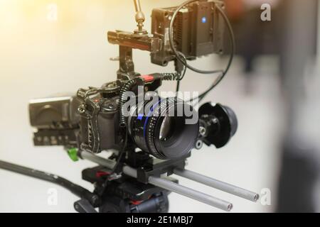 Professional video camera, lights and equipment all set up for an interview in a studio setting. Stock Photo