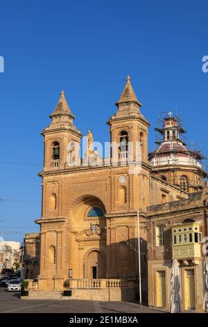 Parish Church of Our Lady of Pompei in Marsaxlokk fishing village, Malta, Baroque style architecture, founded in 1890. Stock Photo