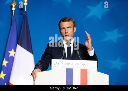 Belgium, Brussels, October 2, 2020: French President Emmanuel Macron during his speech at the special European Council meeting Stock Photo