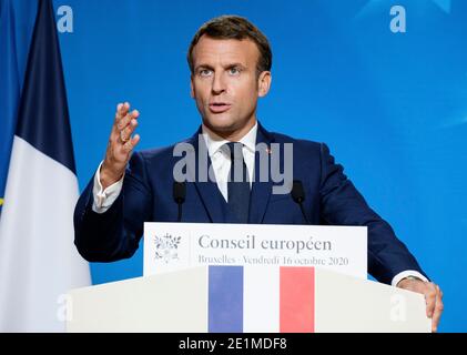 Belgium, Brussels, October 16, 2020: French President Emmanuel Macron during a press conference on the occasion of the special European Council relate Stock Photo