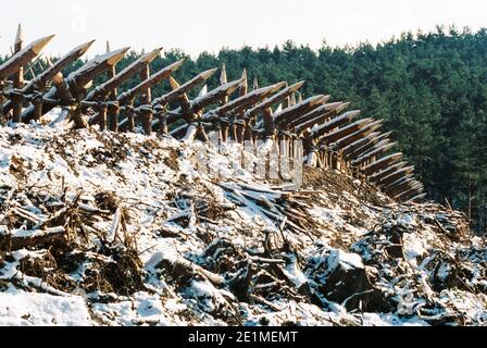 The Gladiator film set 1999 for the opening battle, set in 'Germania', Bourne Woods, Farnham, Surrey, England, United Kingdom Stock Photo