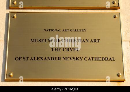 Sofia Bulgaria Museum Sign for the Museum of Christian Art and the Crypt of St. Alexander Nevsky Catherdral and Orthodox Church in Sofia, Bulgaria Stock Photo