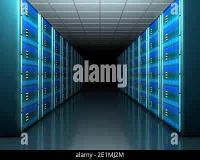 3D server room cloud computing business concept. AI data center firewall cyber security. Information safety system communication administrator data Stock Photo