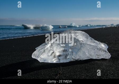 Pieces of ice at Diamond Beach in Iceland Stock Photo