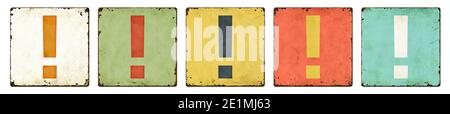 Five vintage tin signs on a white background - Exclamation mark Stock Photo