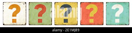 Five vintage tin signs on a white background - Question mark Stock Photo