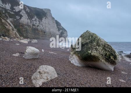 Hooken Cliff, white chalk Boulders on Branscombe Beach, part of the Jurassic Coastline, South-East Devon, England Stock Photo