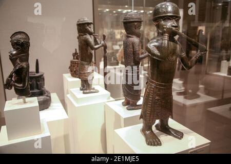 Benin bronzes originally from West Africa on display during exhibition at the British Museum, London, England Stock Photo