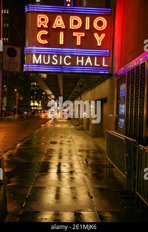Radio City Music Hall neon lights outside in New York, America, USA Stock Photo