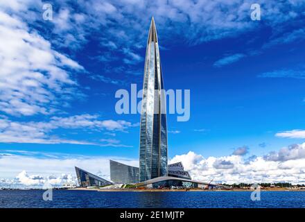 Saint Petersburg / Russia - September 8 2020: Lakhta Center, Lahta, Lachta headquarters office of the  Gazprom, view bright sunny day. Stock Photo