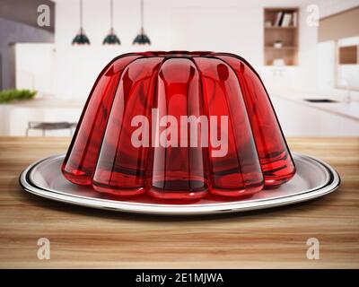 Jelly in the plate standing on the kitchen table. 3D illustration. Stock Photo