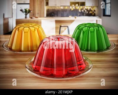 Jelly in the plate standing on the kitchen table. 3D illustration. Stock Photo