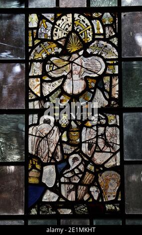 15th century stained glass fragments reassembled within plain quarries, Church of St Andrew, Letheringsett, Norfolk Stock Photo