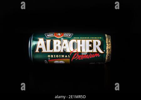 Albacher beer can isolated on black background. Bucharest, Romania ...