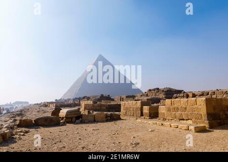 View of the Pyramid of Khafre (Chephren) in the Giza Pyramid Complex (Giza Necropolis) on the Giza Plateau, Cairo, Egypt in early morning sunshine Stock Photo