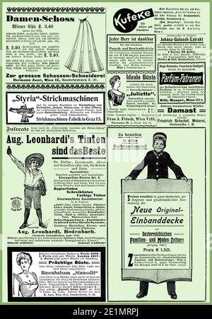 Commercial advertising page in German with many promotion banners and vignettes dated 1907 from Austrian Familien und Moden magazine Stock Photo