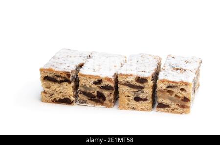 Christmas  stollen slices with icing sugar isolated on white Stock Photo