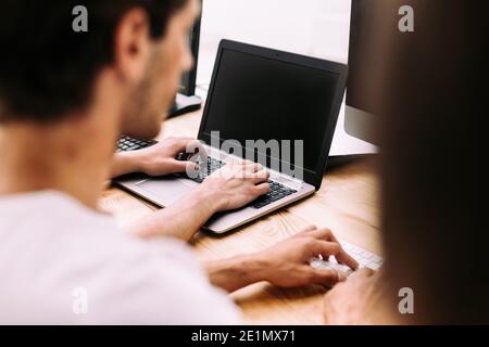 close up. groups student working on computers Stock Photo