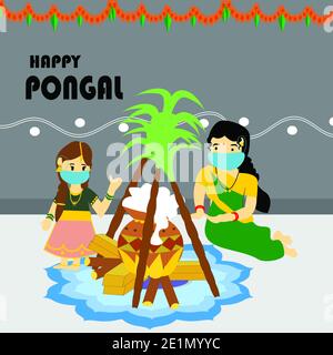 Happy Pongal Celebration with family wearing medical face mask,Indian Cultural festival celebration concept illustrator. Stock Photo