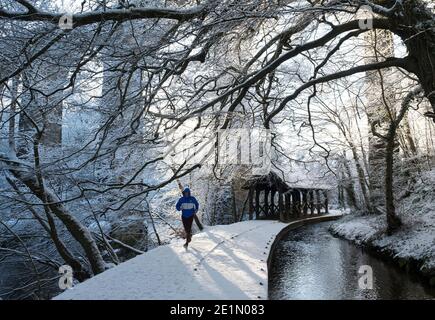 Weather, 8th January, 2021. A runner passes under the Camps Viaduct in Almondell Country park, West Lothian, Scotland, UK. .    Credit: Ian Rutherford/Alamy Live News. Stock Photo