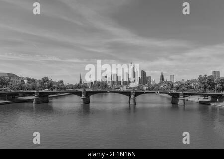 View of the skyline of the city of Frankfurt am Main in black and white, Germany Stock Photo