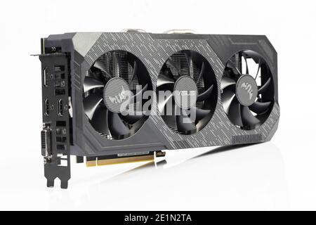 Kyiv, Ukraine - September 09.2020: Nvidia Geforse GTX 1660Ti Tuf Gaming and its card on white background. Nvidia is a leading company in the world of Stock Photo