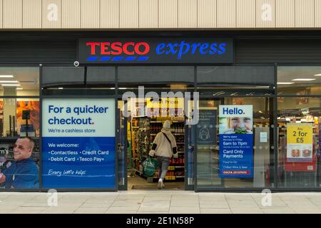 London- Tesco Express store,  a local / convenience branch of the large British supermarket chain Stock Photo