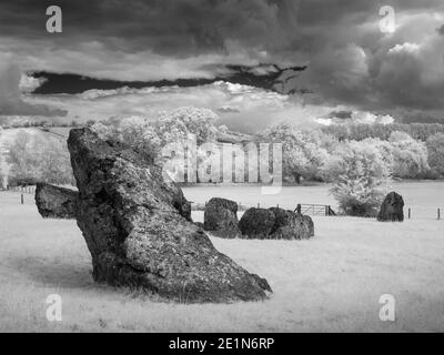 Black and white image of Stanton Drew Stone Circle in infrared, Somerset, England.