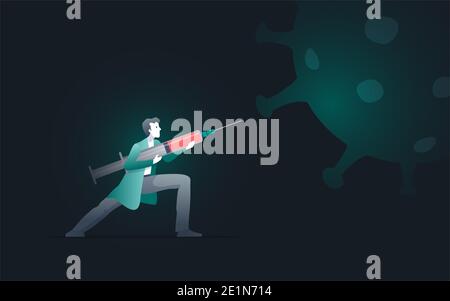A doctor is holding a vaccine syringe and fighting coronavirus. Vector concept illustration. Stock Photo