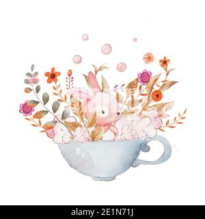 Card with watercolor rabbit in a cup full of foam and flowers. Romantic hand painted watercolor bunny illustration. Stock Photo