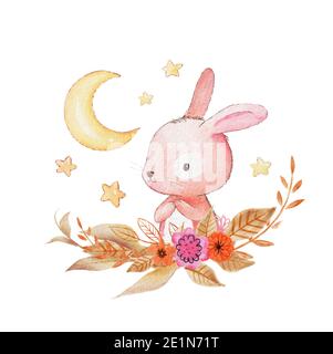 Card with two watercolor rabbits. Hand drawn watercolor bunny illustration. Moon, stars, flowers in the background Stock Photo