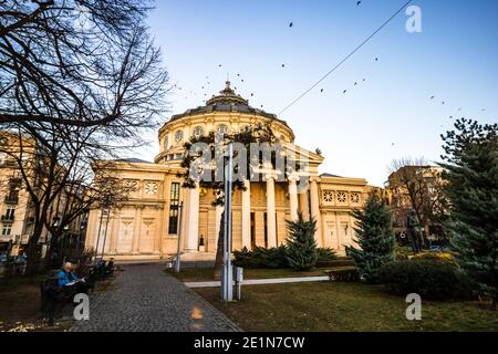 Detail view over the Romanian Athenaeum or Ateneul Roman, in the center of Bucharest capital of Romania, 2021 Stock Photo