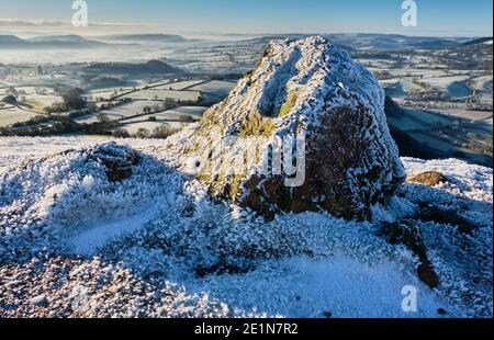 The icy view across South Shropshire, as seen from Ragleth Hill, Church Stretton, Shropshire Stock Photo