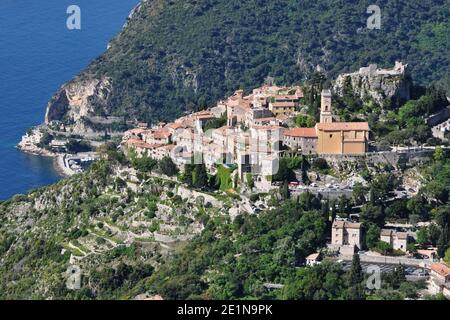 France, french riviera, Eze-Village is a medieval perched village  overlooking the Ferrat cape, the mediterranean sea, in an exceptional natural site. Stock Photo