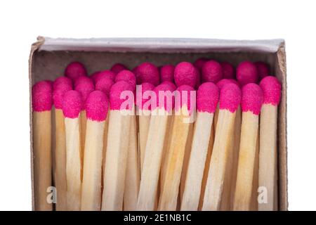 Wooden brown matches in a box close up. Match sticks Stock Photo