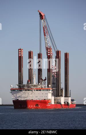 The wind power installation ship MPI Adventure will reach the port of Rotterdam on September 18, 2020. Stock Photo