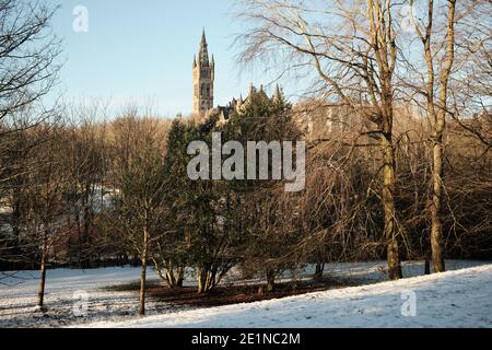 University of Glasgow tower from Kelvingrove Park. Sunny day in winter. Glasgow. January 2021 Stock Photo