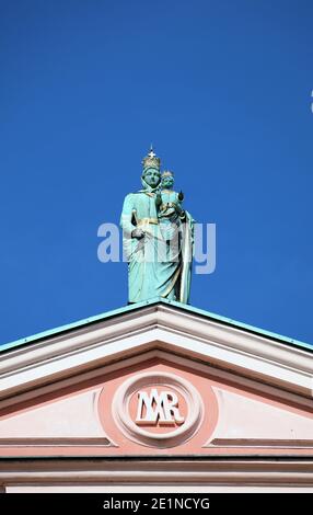 Statue of Mary on the Franciscan Church at Preseren Square in Ljubljana Stock Photo