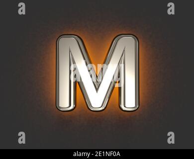 Silver metal font with outline and yellow noisy backlight - letter M isolated on grey background, 3D illustration of symbols Stock Photo