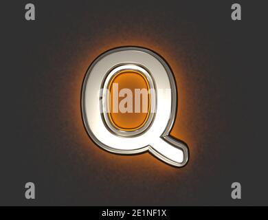 Silver metalline font with outline and orange backlight - letter Q isolated on dark, 3D illustration of symbols Stock Photo