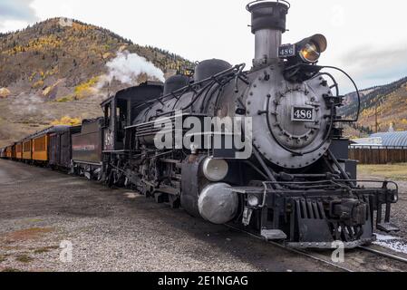 Rio Grande class steam locomotive 486 of the Durango and Silverton Narrow Gauge Railroad (D&SNG)  at Silverton station, Colorado, USA Stock Photo